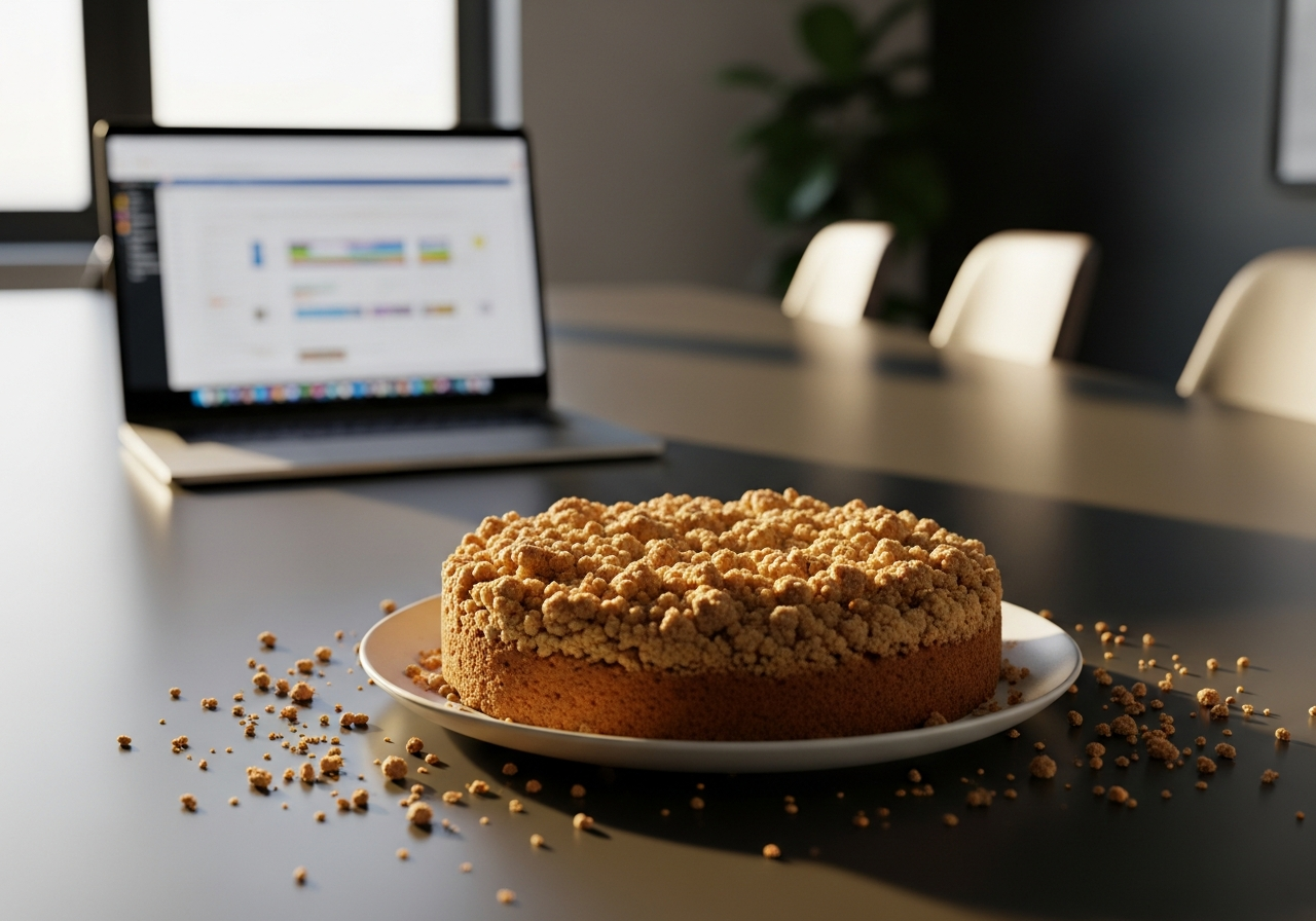 An elegant, high-end editorial shot of a modern office conference table. In the foreground, a beautifully textured 'Streuselkuchen' with visible crumbs sits on a minimalist ceramic plate. In the background, a sleek laptop screen glows with a complex spreadsheet. Warm morning sunlight creates long shadows. Shot on Fujifilm GFX 100, 80mm lens, f/2.8, shallow depth of field, premium corporate lifestyle aesthetic.