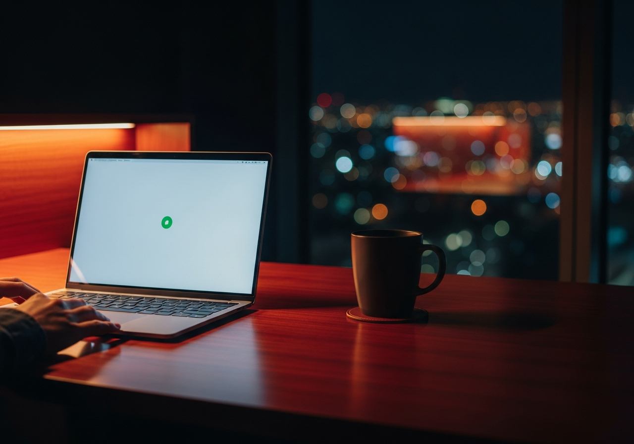 A premium mahogany desk in a dimly lit modern home office at night, a sleek laptop screen glowing with a sharp green notification dot, a cold cup of black coffee casting a long shadow, soft bokeh city lights in the background through a window, editorial photography, shot on Fujifilm GFX 100, 35mm lens, f/2.0, cinematic lighting, high contrast.