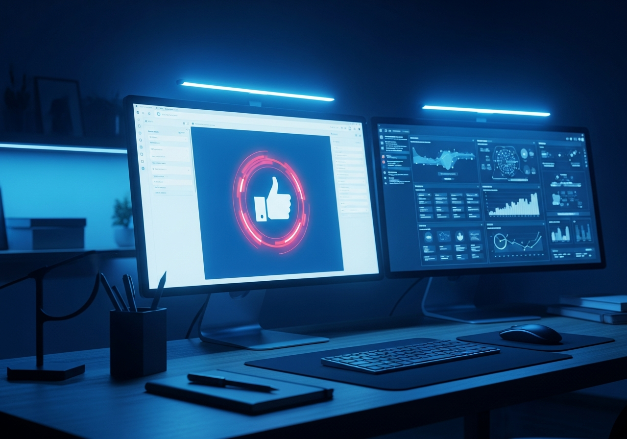A dimly lit modern executive office desk at night, the primary light source is the cool blue glow from two large 4K monitors. On one screen, a minimalist chat interface displays a single digital 'thumbs up' emoji highlighted by a subtle red digital ring. Shot on Phase One XF, 80mm lens, f/2.8, cinematic lighting, moody editorial photography, hyper-realistic, high-end corporate aesthetic.