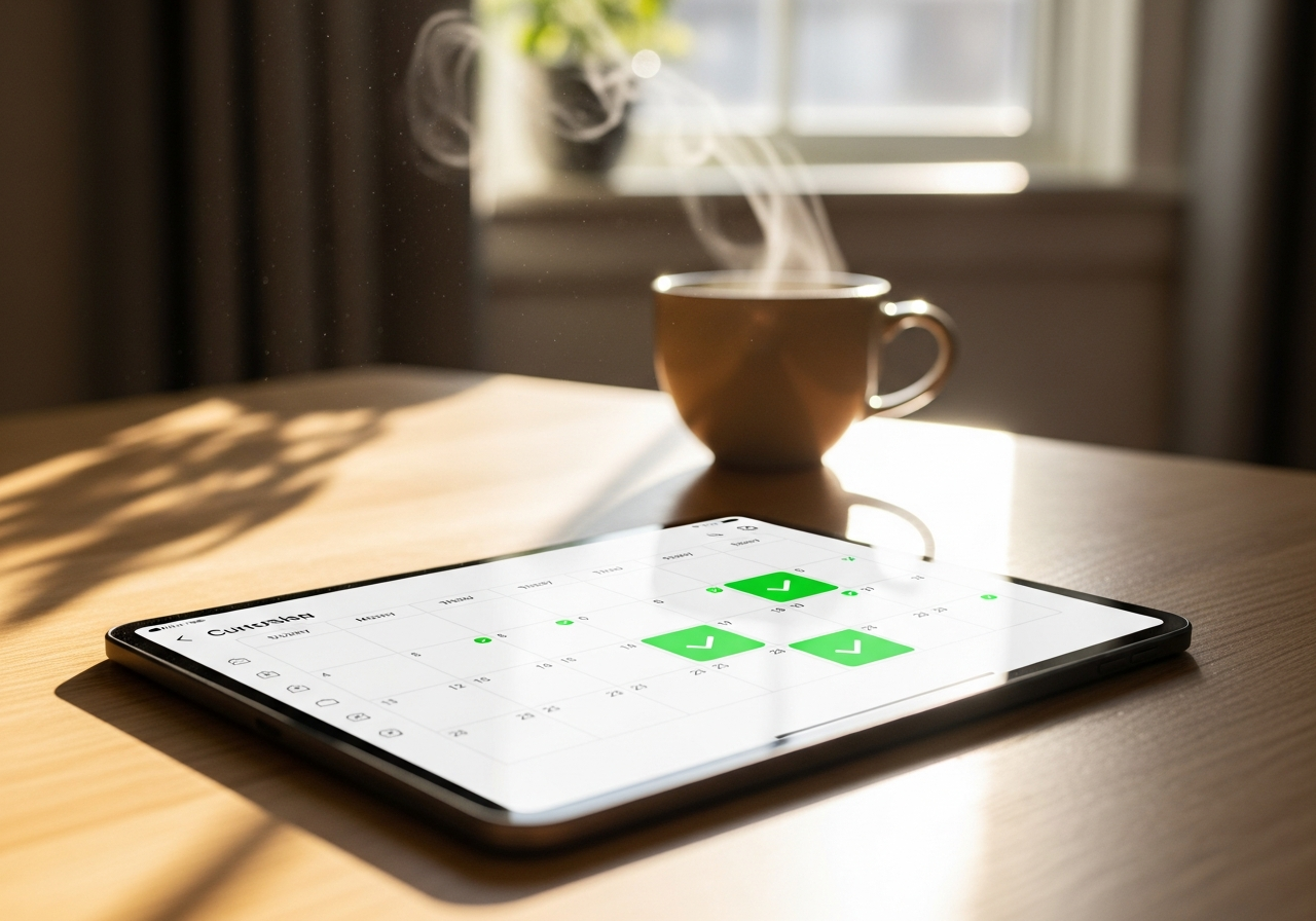 A sleek premium tablet lying on a light oak wooden desk, displaying a minimalist SaaS interface with clean green checkmark icons and a clear calendar grid. In the blurred background, a steaming ceramic coffee mug and soft morning sunlight streaming through a window. Shot on Fujifilm GFX 100, 50mm lens, f/1.8, bright and airy editorial style, warm natural lighting, shallow depth of field, high-end tech minimalism.