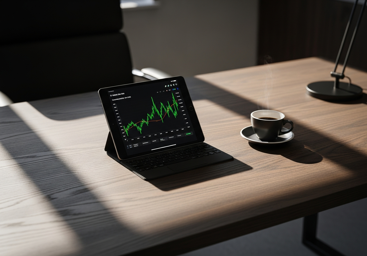 A high-end executive desk made of dark oak, a single minimalist tablet displaying a complex financial growth chart with green accents, a premium ceramic espresso cup nearby, soft morning sunlight casting long shadows, editorial tech photography, shot on Fujifilm GFX 100, 50mm lens, f/2.0, clean and professional.