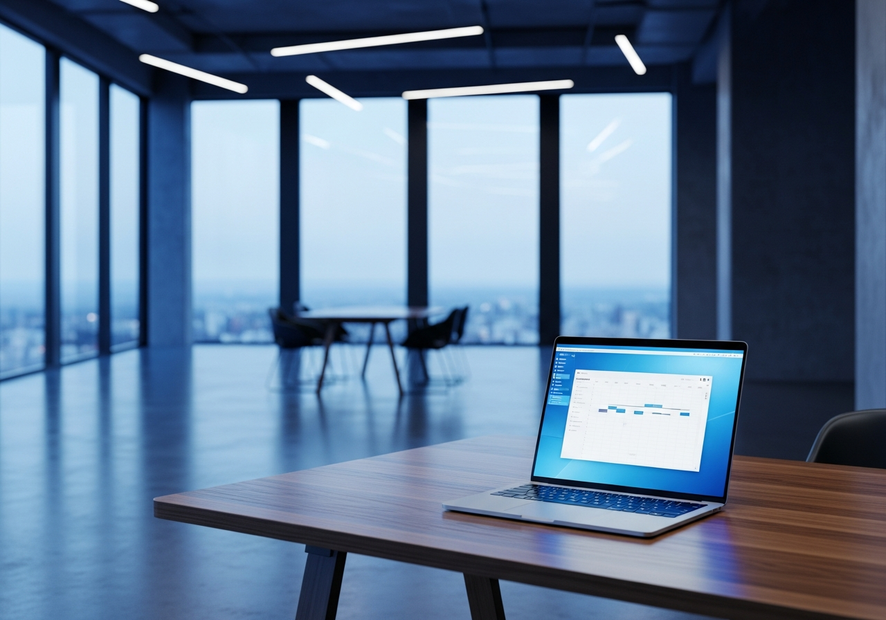 An empty, modern open-plan office at dusk, a single high-end laptop on a wooden desk glowing brightly with a blank time-tracking grid, blue hour light streaming through large windows, cinematic lighting, shot on Phase One XF, 35mm lens, f/2.8, hyper-realistic, professional tech aesthetic.