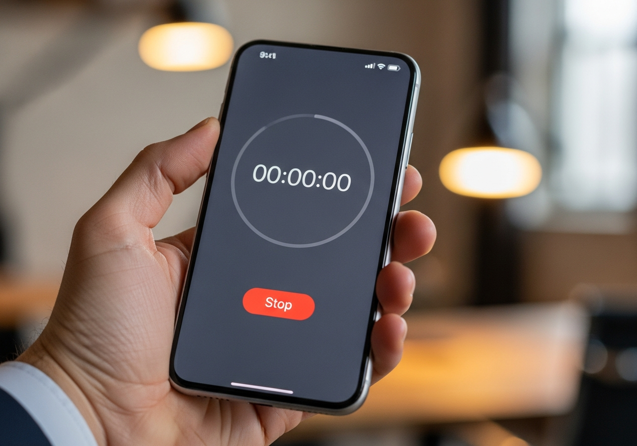 Close-up of a professional hand holding a sleek, bezel-less smartphone displaying a minimalist timer interface with a large 'Stop' button, a blurred high-end office interior in the background with warm bokeh lights, shot on Fujifilm GFX 100, 85mm lens, f/1.8, soft natural lighting, shallow depth of field, premium editorial style.